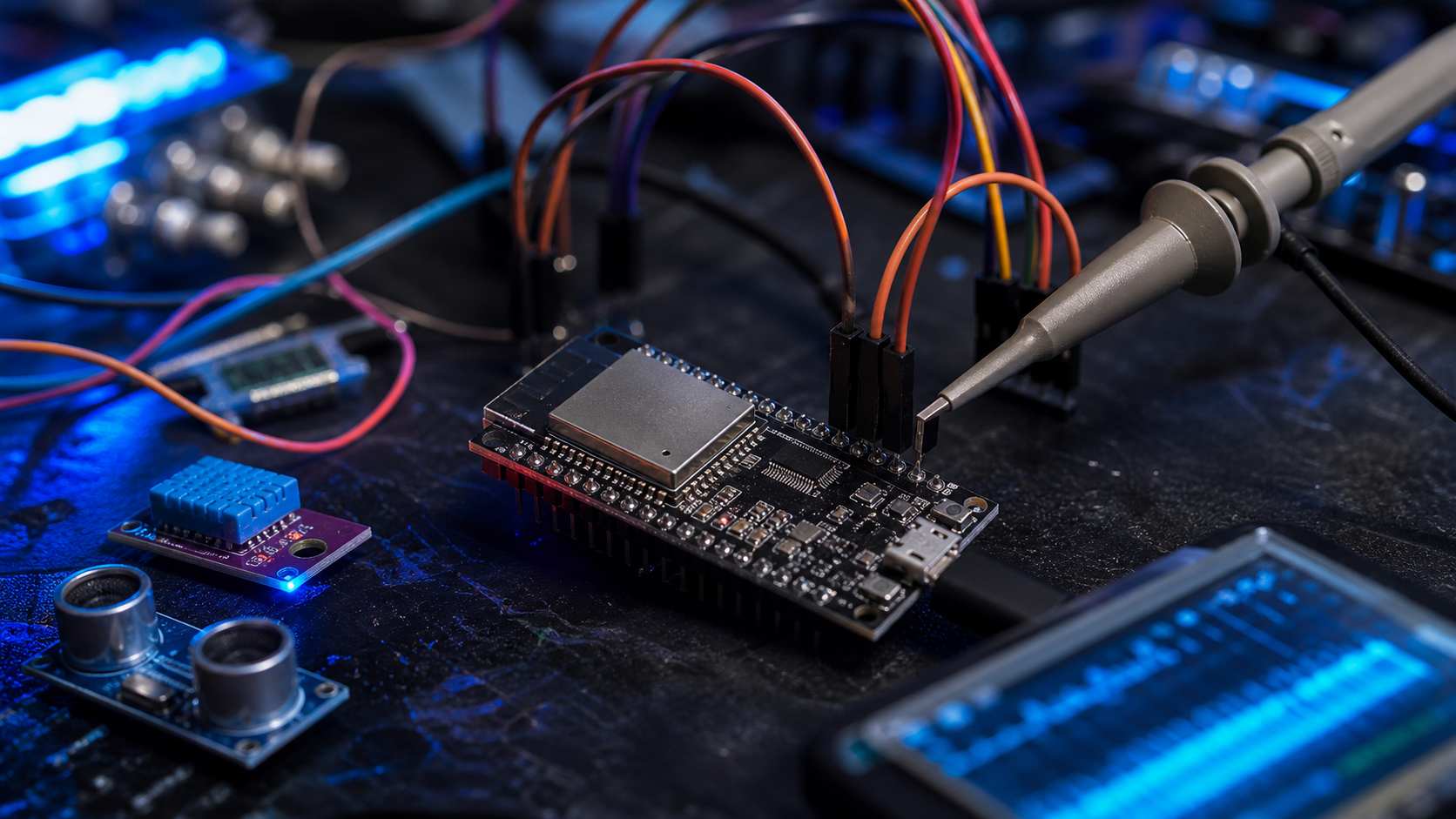 ESP32 development board on a dark electronics workbench with test probes and sensors